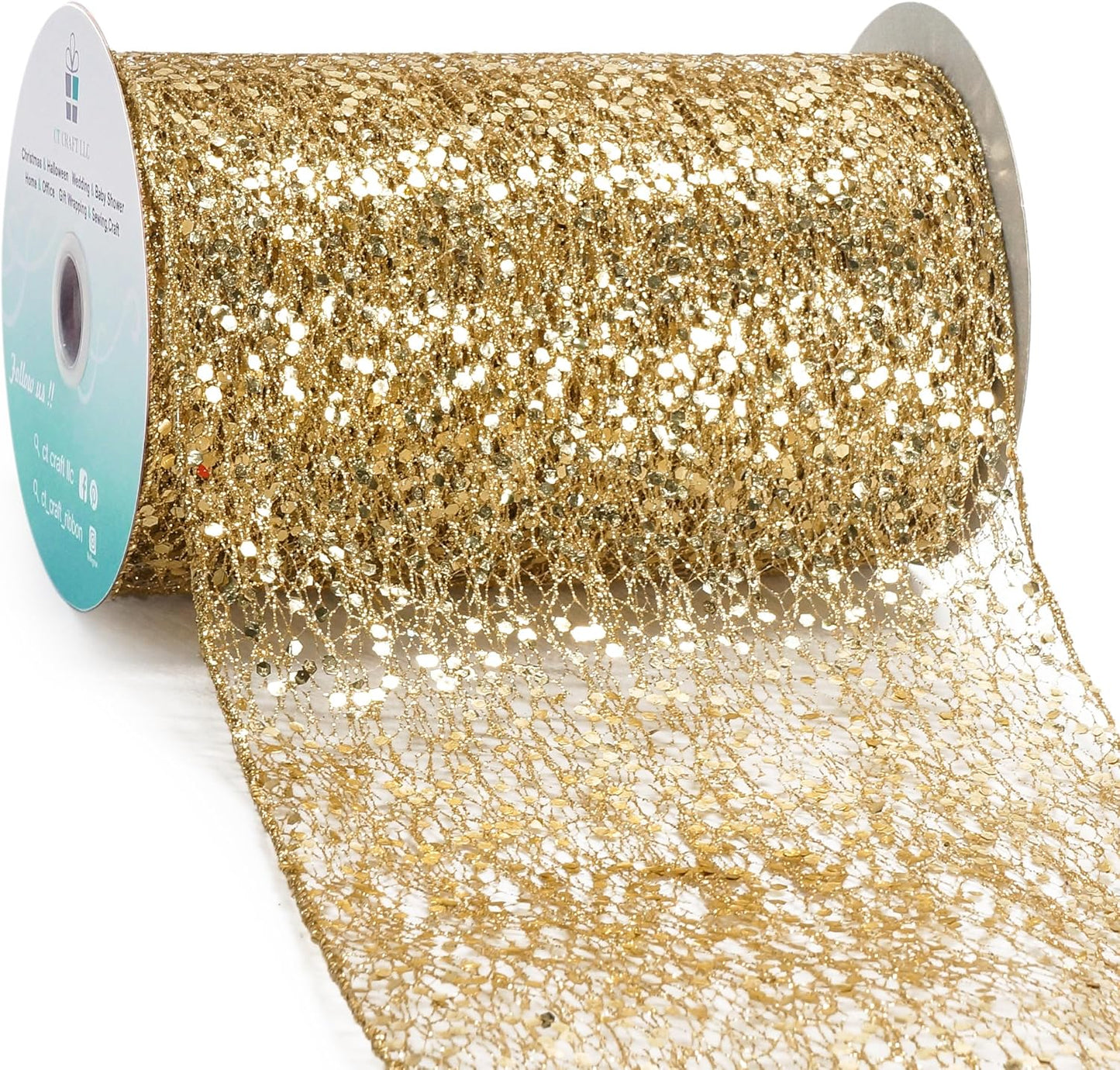 CT CRAFT LLC Sparkling Glitter Mesh Wired Ribbon 6" x 10 Yards Gold for Christmas Home Decor Bow Gift Wrapping DIY Crafts Wreath