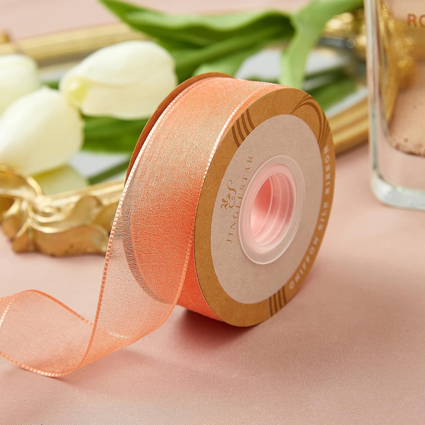 1 Inch Wide Sheer Chiffon Ribbon - Pearl Silk Woven Ribbon Suitable for Gift Wrapping, Wedding Decor, Home Decor, Girl Hair Accessories Handmade DIY (25 Yards/roll) (Tangerine)