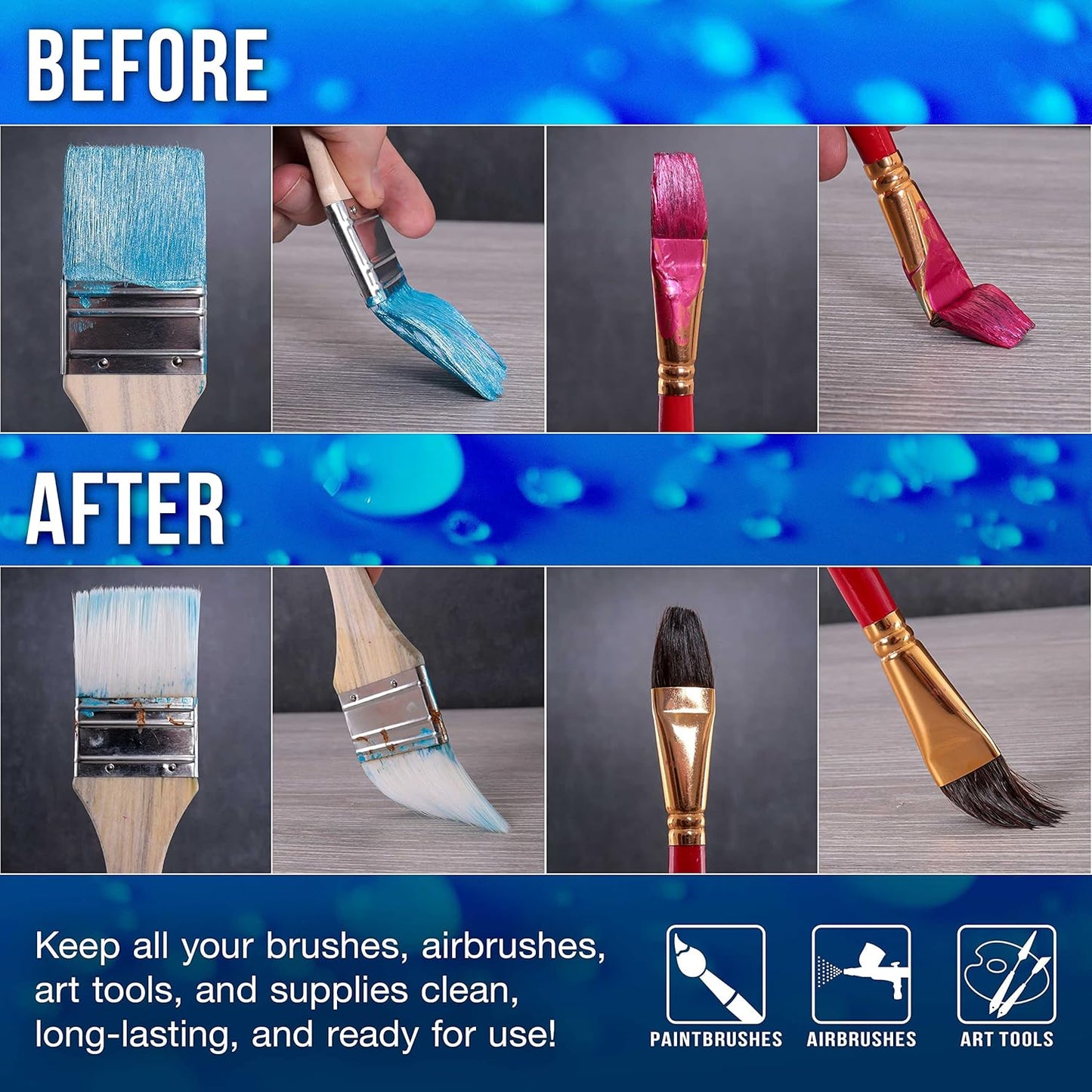 U.S. Art Supply Brush Cleaner and Restorer, 16 Ounce Bottle - Quickly Cleans Paint Brushes, Airbrushes, Art Tools - Cleaning Solution to Remove Dried On Acrylic, Oil and Water-Based Paint Colors