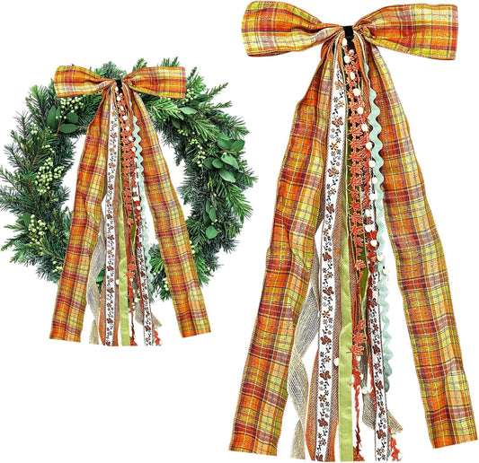 Large Fall Ribbon Bow for Wreath, Orange Buffalo Plaid Fabric Ribbons Set Assorted Lace Ribbon Fall Clip-On Wreath Sash Ribbons Bundle for Thanksgiving Indoor Outdoor Decor