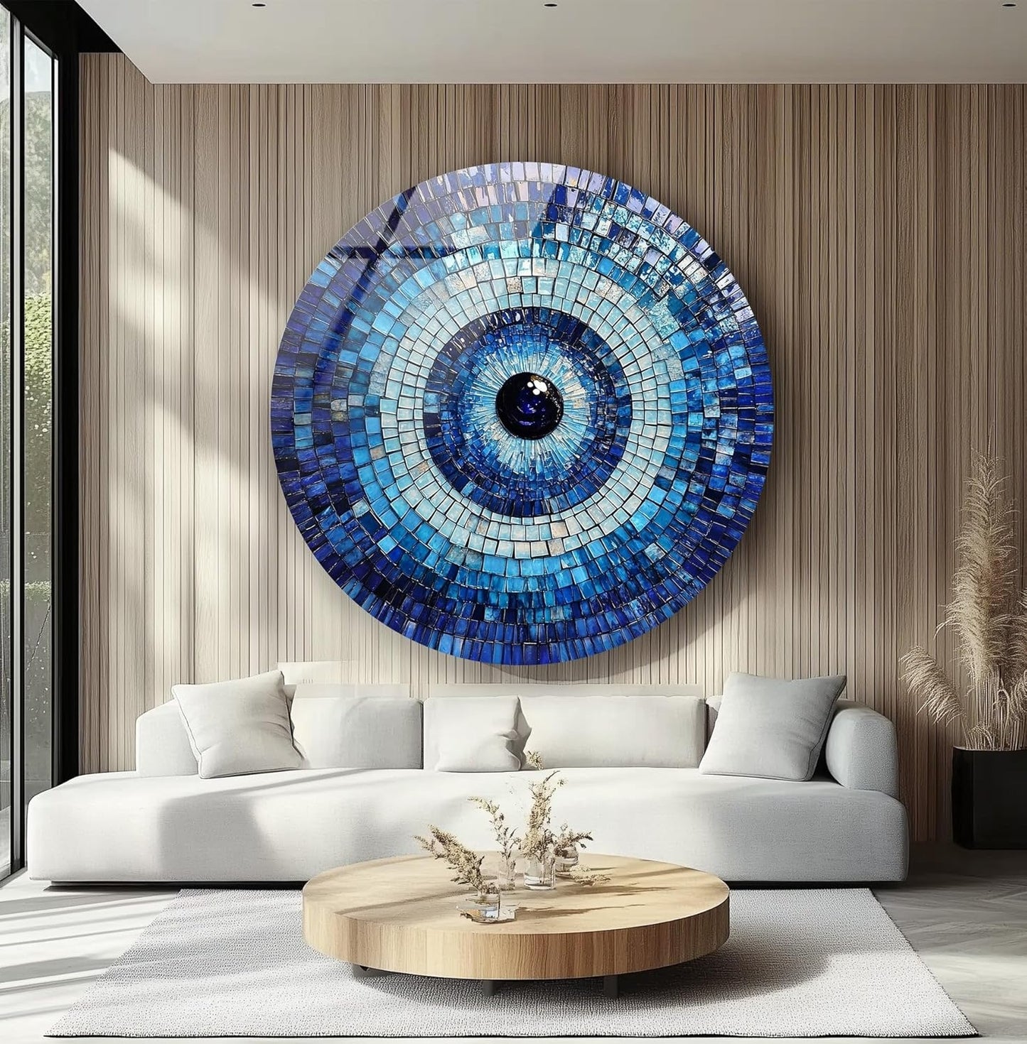 My Photostation.com 31.5''(80cm) Diameter Blue Mosaic Evil Eye Round Glass Wall Art Tempered Glass Printing Wall Decor Large Wall Art Wall Hangings