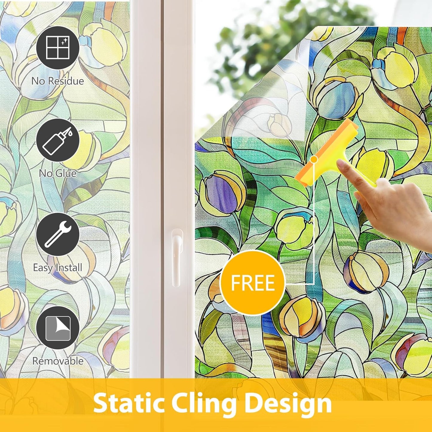 3D Stained Glass Window Film, Decorative Window Privacy Film for Bathroom,Front Door,Home, Sun Blocking Heat Control,Static Cling, Moonlight Tulip, 23.6inch x 35.4inch