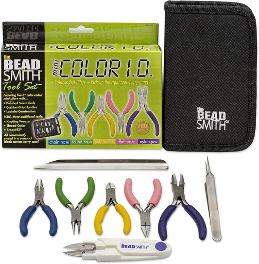 The Beadsmith Mini Color-ID Set – 3”, 8-Pieces Includes: Chain Nose, Round Nose, Side Cutter, Flat Nose, Nylon Jaw Flat Nose, Tweezers, Thread Snippers, Bead Scoop & Canvas Case – For Jewelry Making