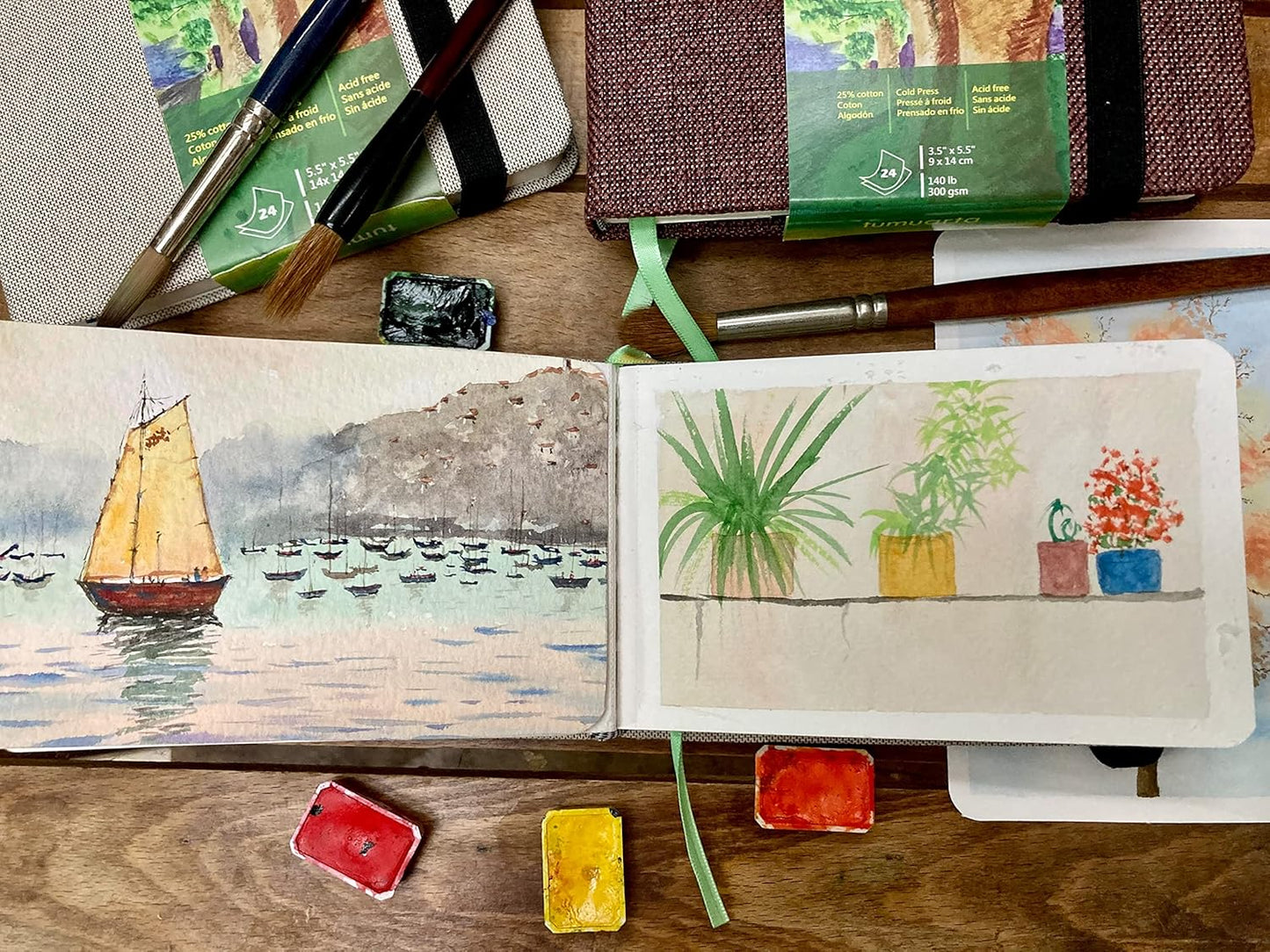 tumuarta Square Watercolor Journal, 5.5x5.5”, 140 LB, 300 GSM, Cotton Paper, Cold Press, 24 Sheets, 48 Pages, Watercolor Paper SketchBooks for Use As Mix Media Pad On The Go