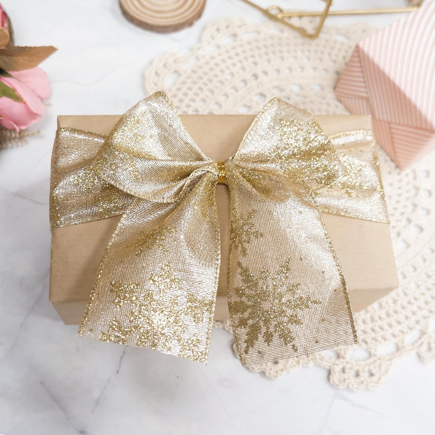 CT CRAFT LLC Champagne Gold Metallic Fabric with Gold Snowflake Wired Ribbon 2.5 Inch x 10 Yards for Christmas Home Decor Tree Topper Bow Gift Wrapping DIY Crafts Wreath Garland