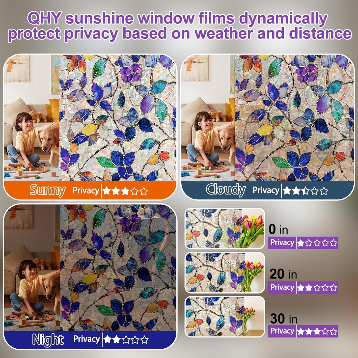 Stained Glass Window Privacy Film Decorative Rainbow Static Clings – Ideal for Home & Office, Adhesive-Free, Removable, UV-Blocking(Purple Rainbow, 23.6 X 78.7 in)