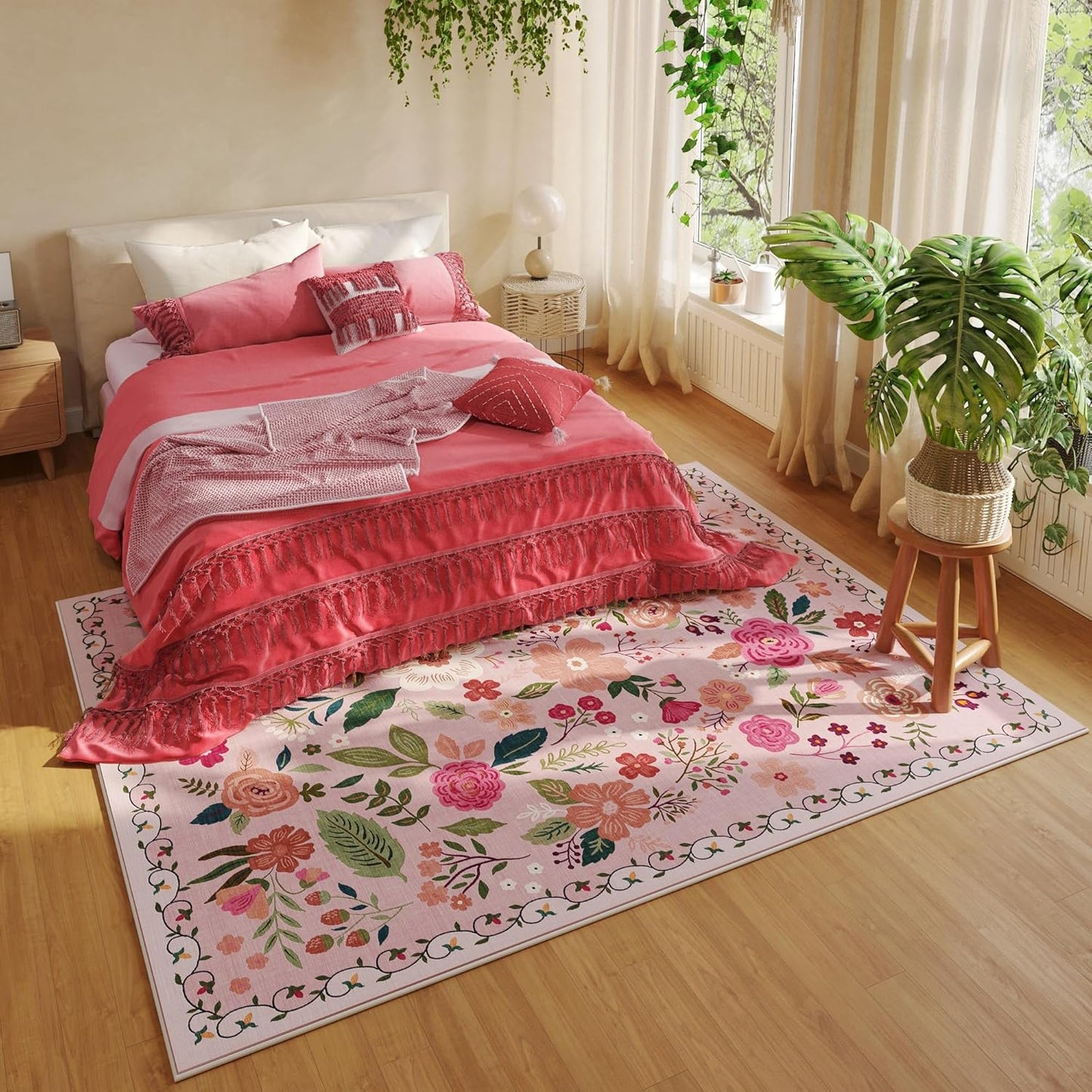 Rugcomf Living Room Rug 5x7 Rug Machine Washable Boho Area Rug Non Slip Floral Vintage Low Pile Large Rugs for Living Room, Bedroom, Farmhouse, Dining Room, Kids Playroom(Pink)