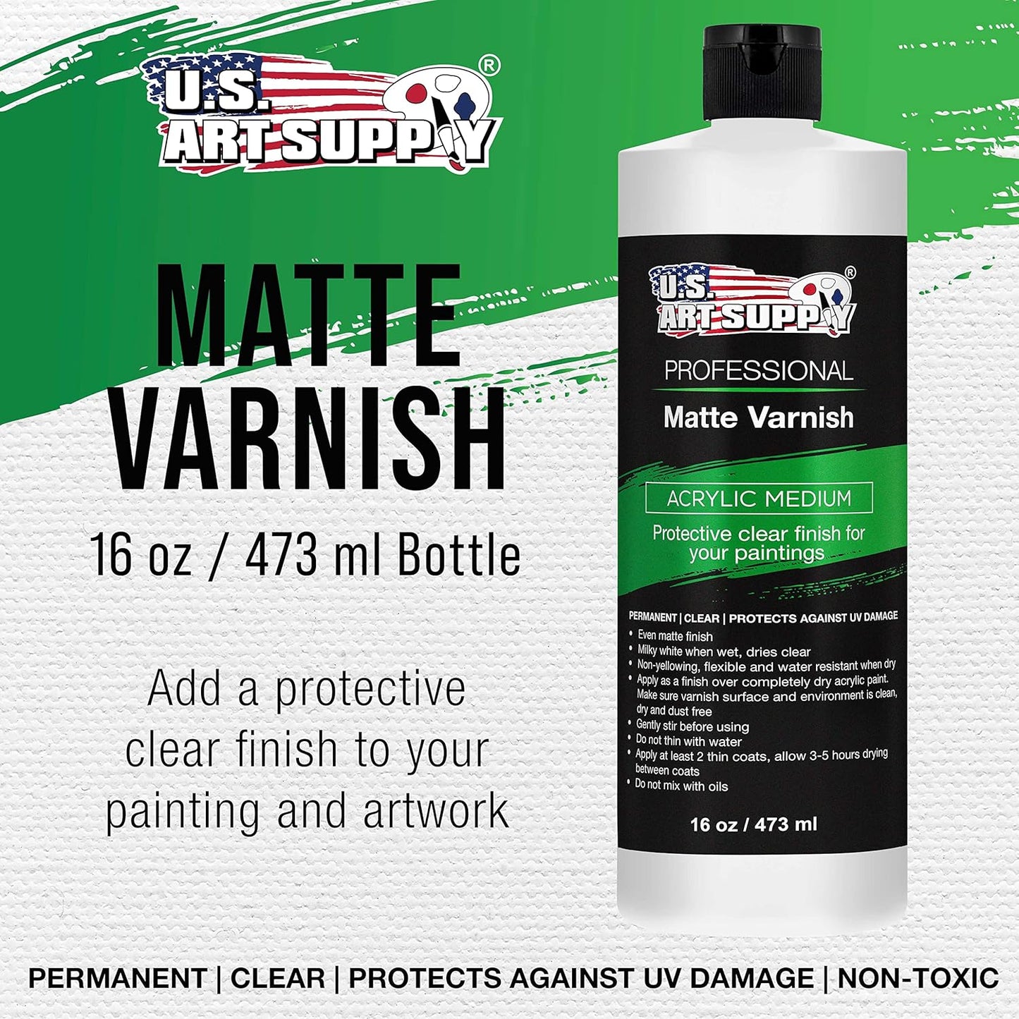 U.S. Art Supply 16 oz Matte Acrylic Varnish for Acrylic Painting, Permanent Clear Protection, Reduces UV & Photography Glare