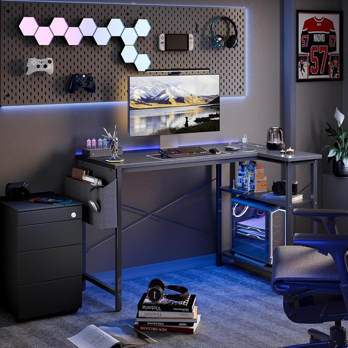 TIQLAB L Shaped Computer Desk with Power Outlets, 47 Inch Small Corner Desk with Reversible Shelves, Gaming Desk Computer Table Study Writing Table for Home Office Bedroom Small Space, Black