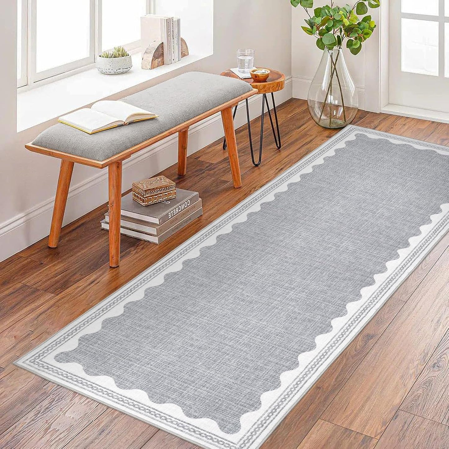 Scalloped Rug 2.5x10 Runners for Hallways, Solid Grey Non Slip Scalloped Bath Runner, Washable Rug for Bedroom Girls, Rugs for Kitchen Floor Soft Dorm Nursery Carpet for Bedside