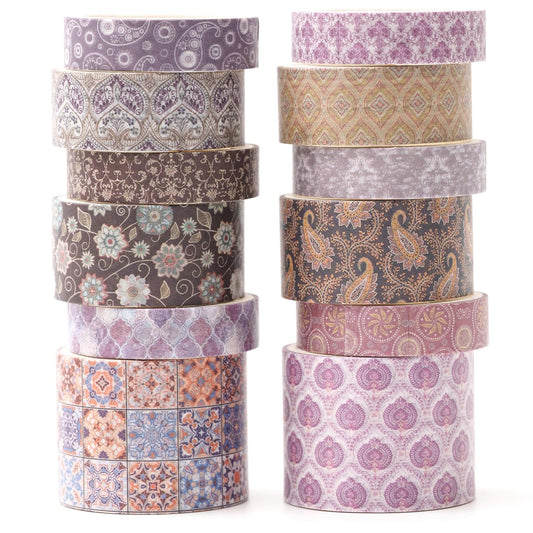 12 Rolls Exotic Charm Washi Tape Set Floral Arts Adhesive Tapes Geometric Garden Decorative Masking Tape Sets for Craft, Kids, Scrapbook, DIY, Gift Wrapping (Amethyst Elegance)
