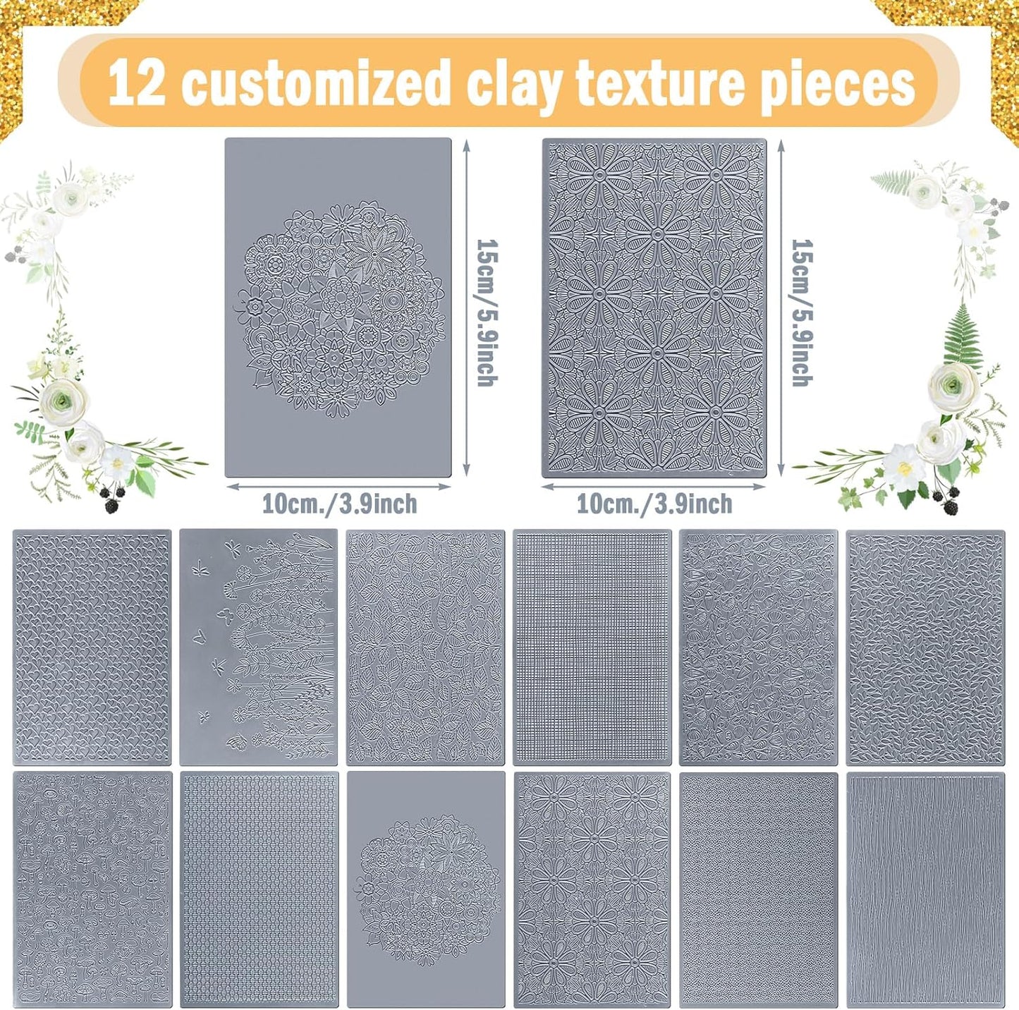 12 Pcs Polymer Clay Texture Sheets Mat Works with Polymer Clay Cutter Embossin Roller DIY Tools for Pottery Earrings Jewelry Making