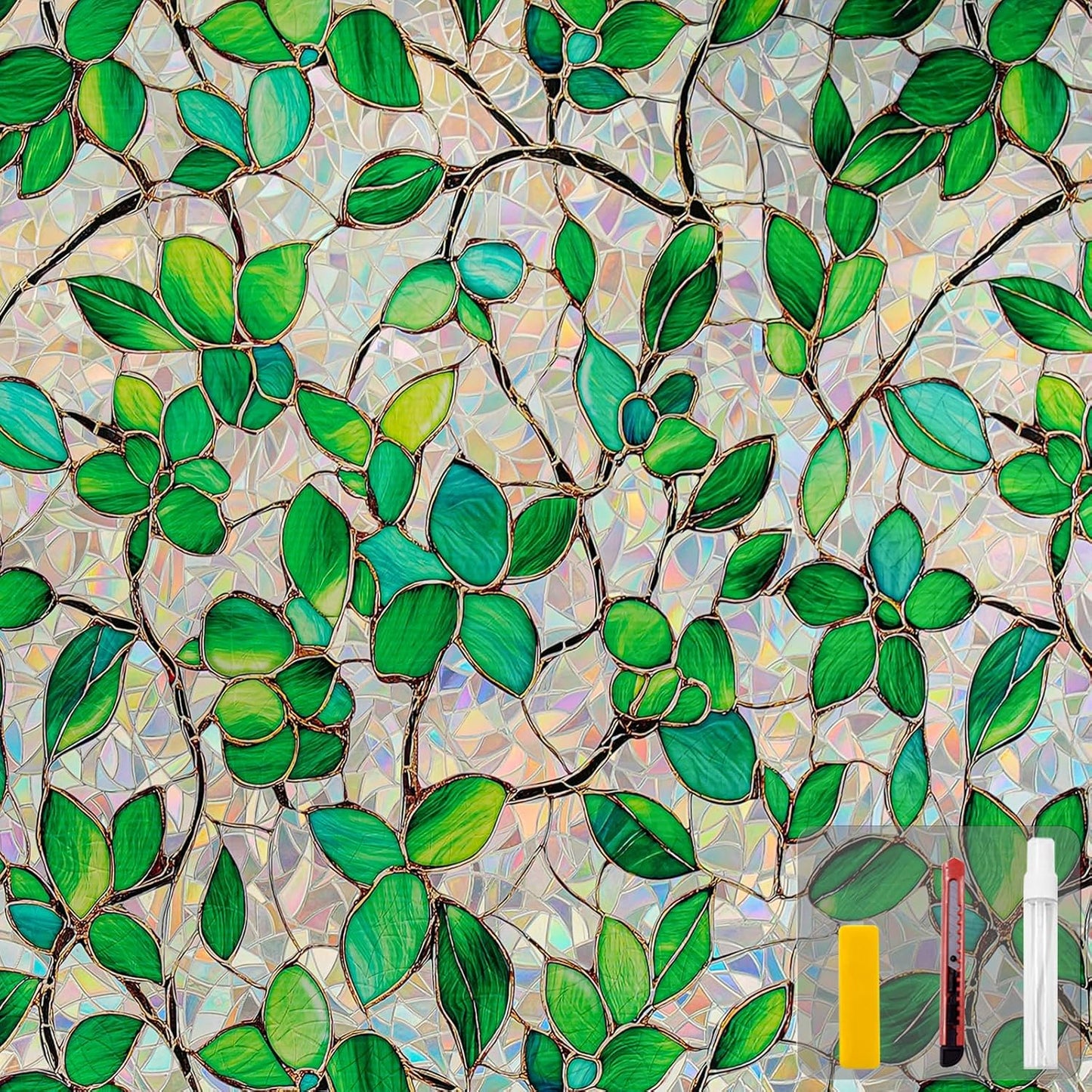 Window Privacy Film Stain Glass Window Film Rainbow Window Film Window clings Non-Adhesive Reusable Decorative for Room (Greenery Leaf, 23.6 x 78.7 in)