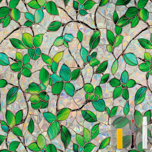 Window Privacy Film Stain Glass Window Film Rainbow Window Film Window clings Non-Adhesive Reusable Decorative for Room (Greenery Leaf, 35.4 x 78.7 in)