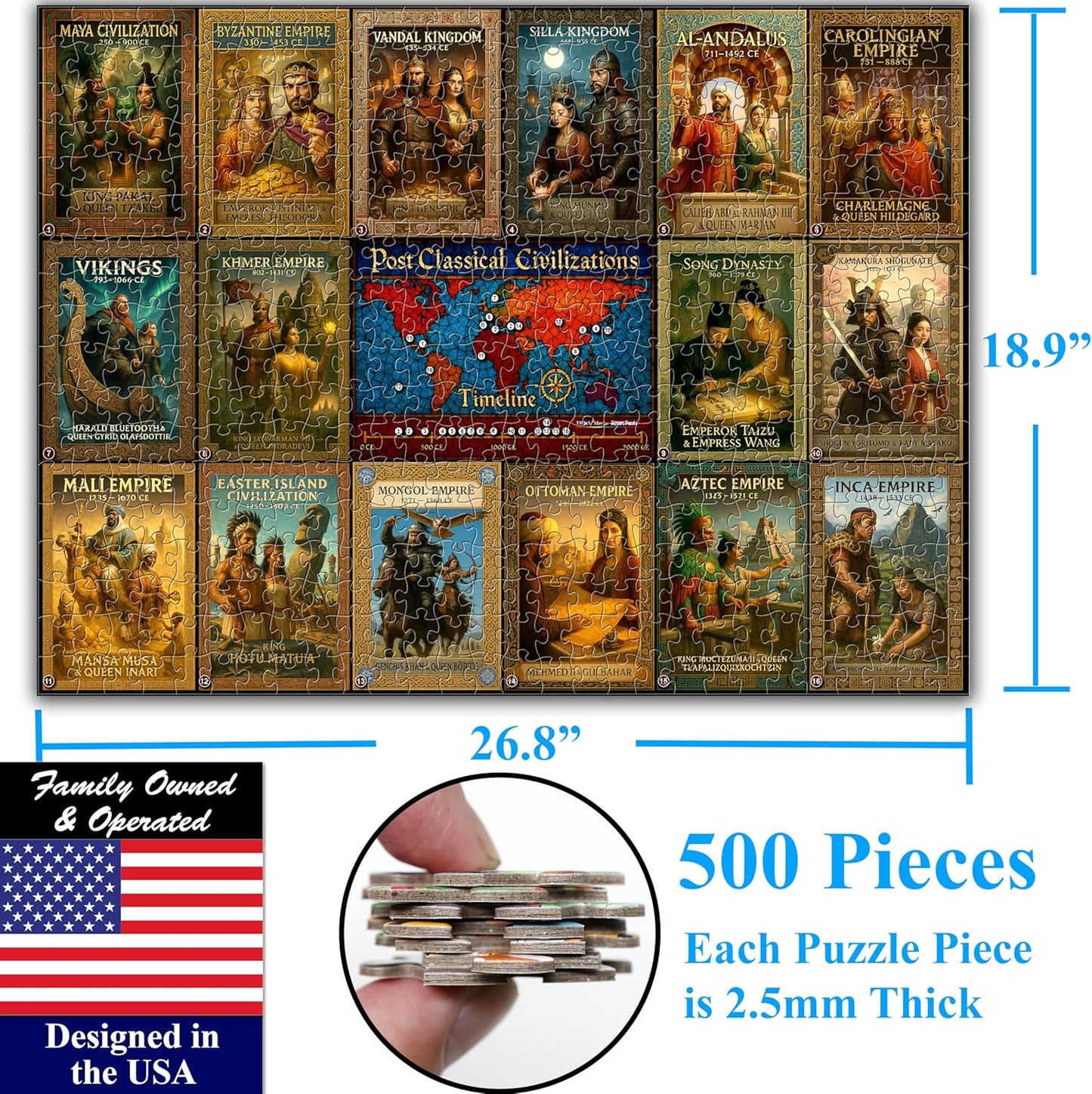 Think2Master Colorful Post Classical Civilization 500 Pieces Large Format Jigsaw Puzzle: Kids 12+, Teens, Adults & Families. Great Gift with Historical Timeline & World Map. Size: 26.8” X 18.9”
