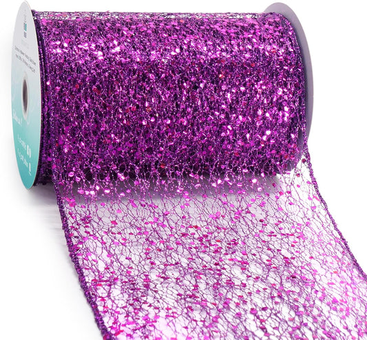 CT CRAFT LLC Sparkling Glitter Mesh Wired Ribbon 6" x 10 Yards Purple for Christmas Home Decor Bow Gift Wrapping DIY Crafts Wreath