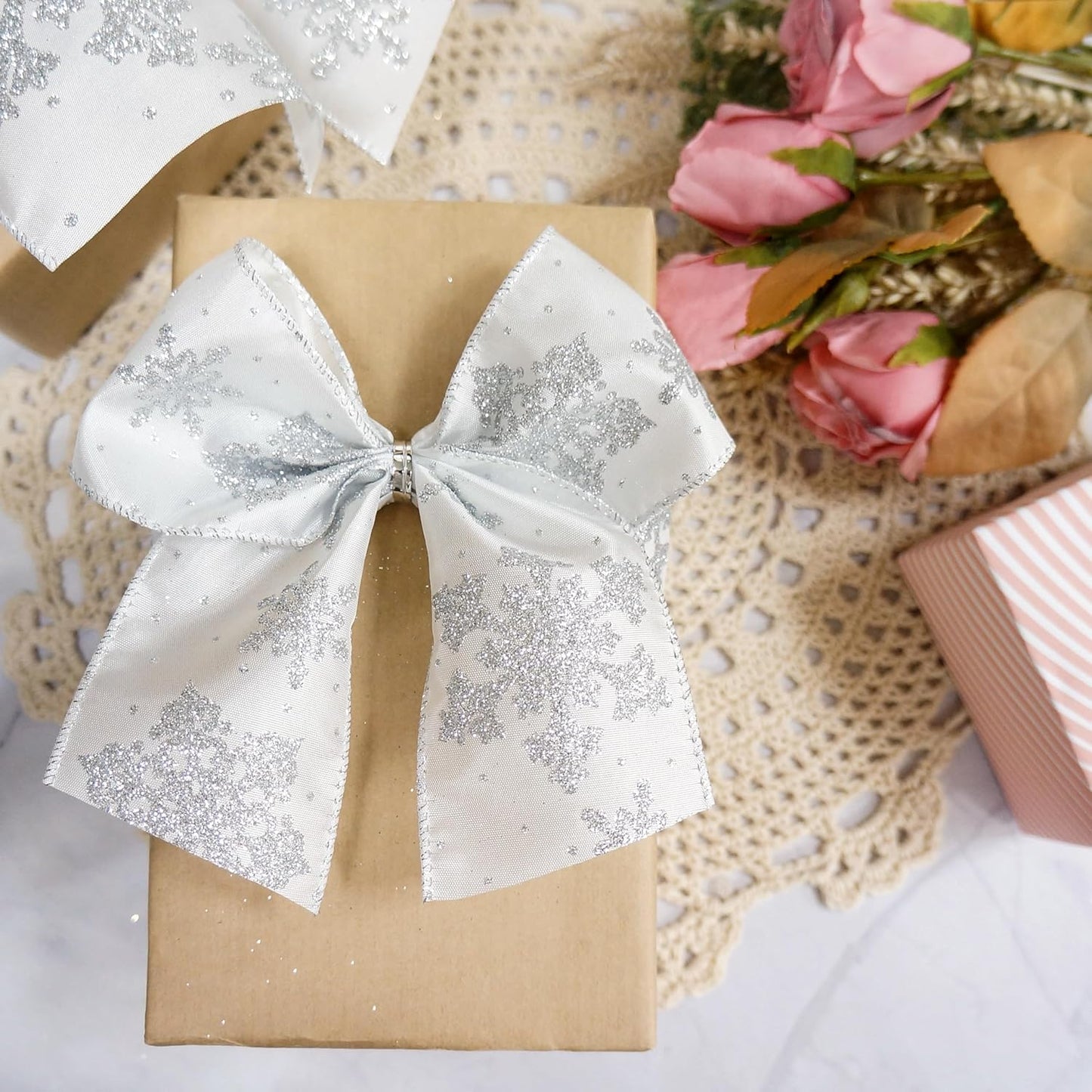 CT CRAFT LLC White Satin with Silver Snowflake Wired Ribbon 2.5 Inch x 10 Yards for Christmas Home Decor Tree Topper Bow Gift Wrapping DIY Crafts Wreath Garland