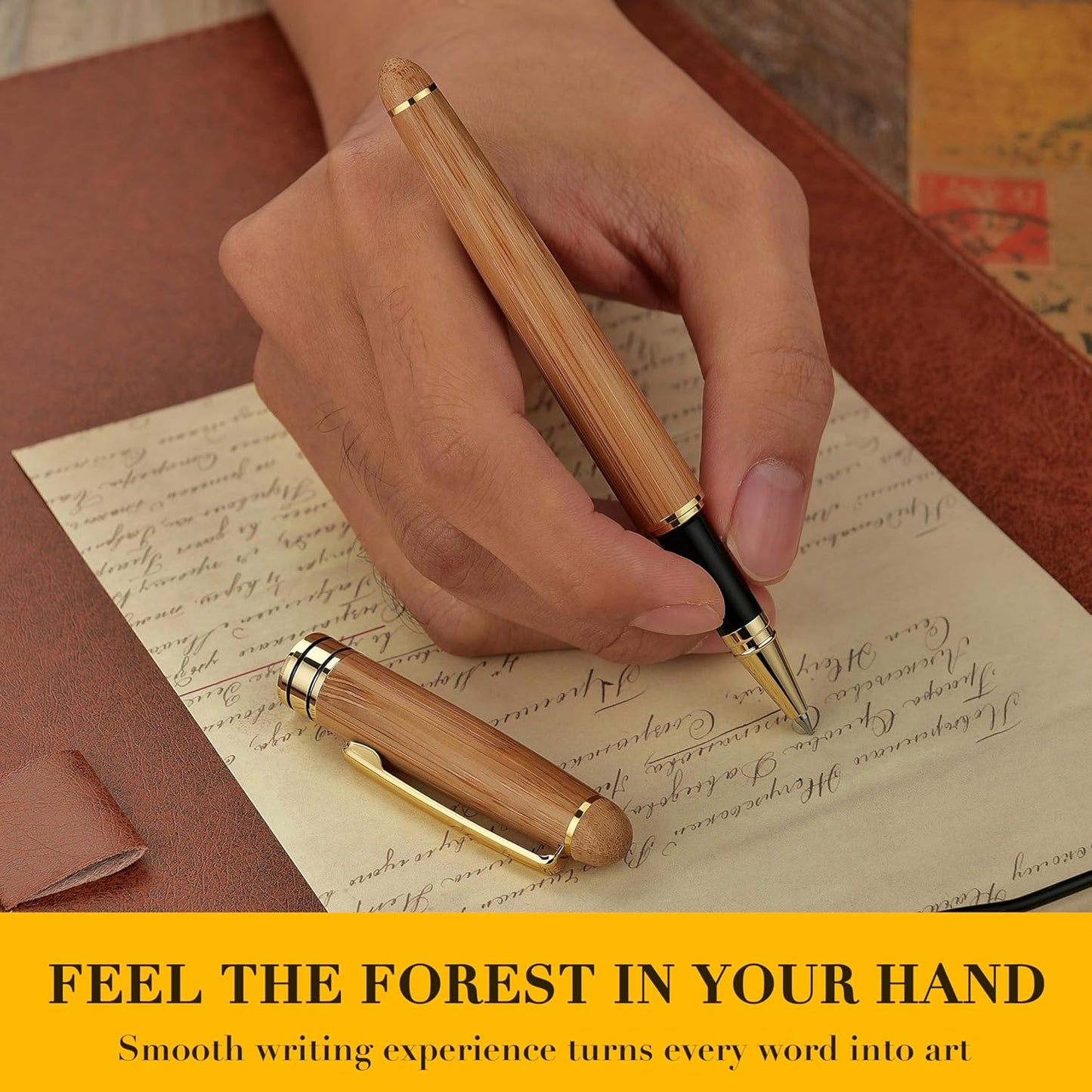 BEILUNER Luxury Wood Ballpoint Pen Writing Set,Bamboo-Elegant Nature Nice Gift Pen Set for Signature Executive Business Office Fancy Writing Supplies - Christmas Gift Boxed with Spare Refills (Black)