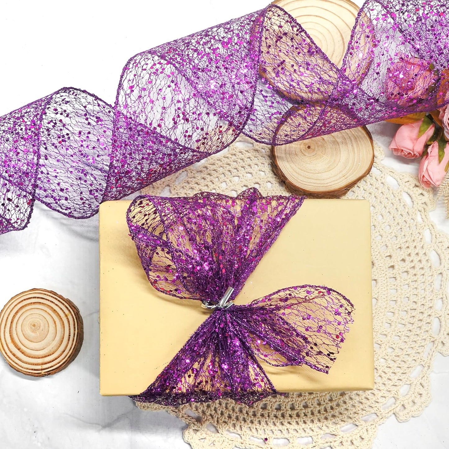CT CRAFT LLC Sparkling Glitter Mesh Wired Ribbon 2.5" x 20 Yards Purple for Christmas Home Decor Bow Gift Wrapping DIY Crafts Wreath