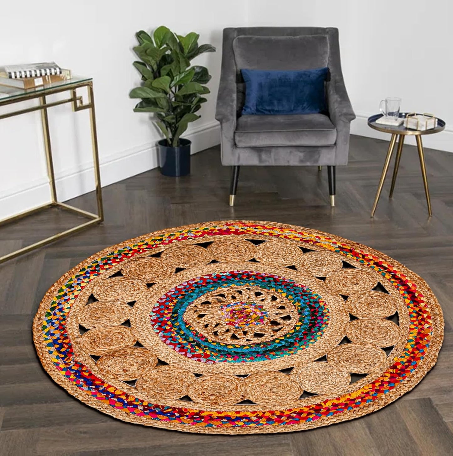 3' Round Handwoven Jute Chindi Area Rug - Colorful Boho Rugs for Living Room - Hand Braided Multicolor Bohemian Rug for Farmhouse, Bedroom, Dining Room, Classroom, Hallway, Kitchen, Office