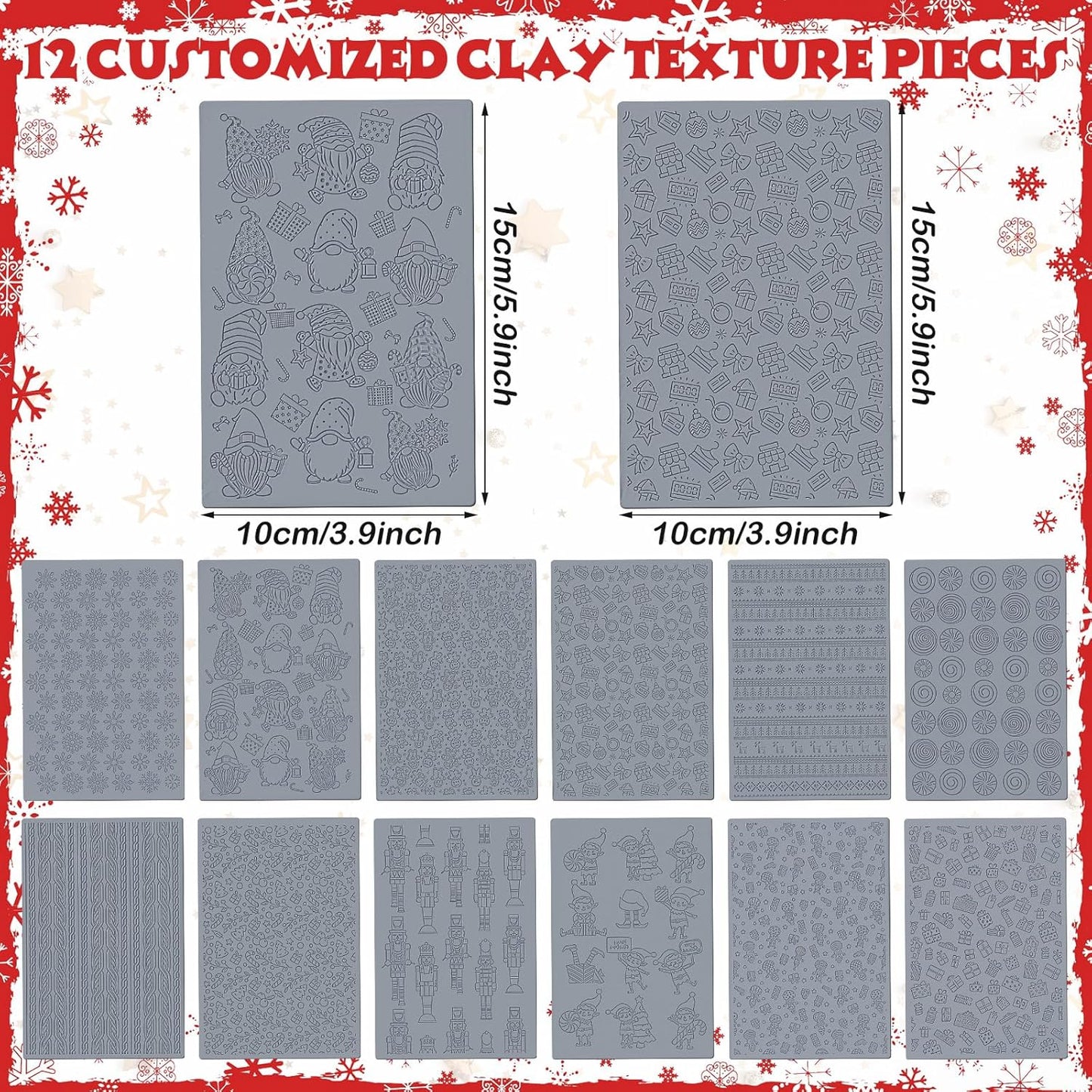 12 Pcs Christmas Polymer Clay Texture Sheets - Cute Texture Mat for Embossing, DIY Tools for Snowman Elf Clay Earring Jewelry Making