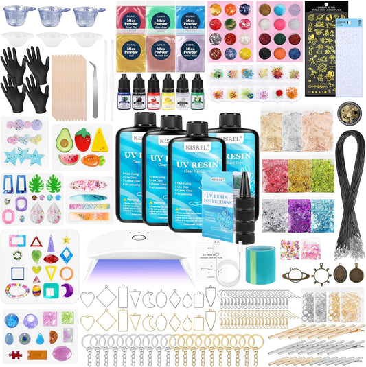 UV Resin Jewelry Making Kit, 400g Crystal Clear Resins with Light and Molds, DIY Jewelry Making Resin Kits, Resina Starter Kit for Keychain, Hair Clip and Earring
