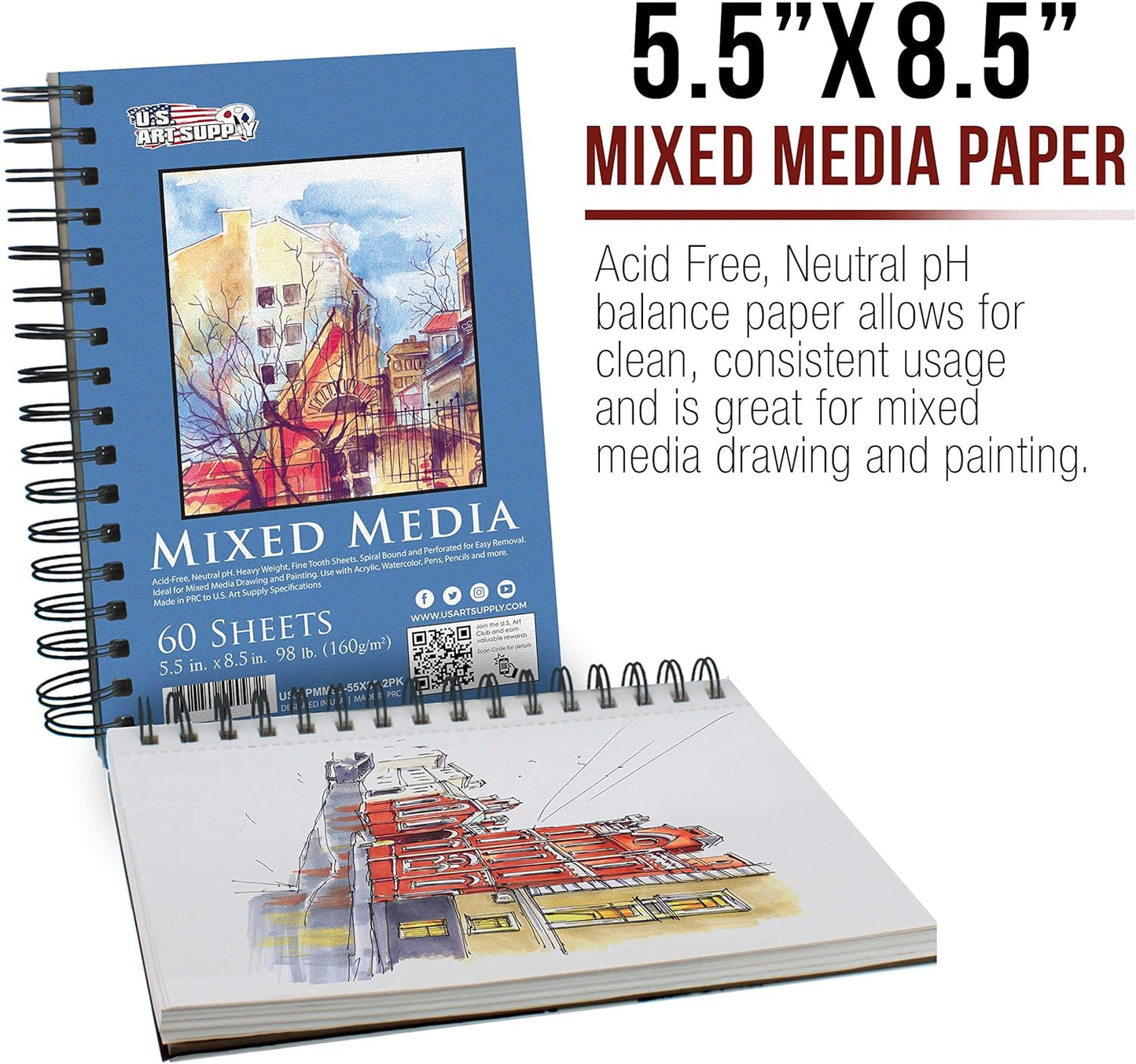 U.S. Art Supply 5.5"x8.5" Mixed Media Sketchbook, 2 Pack (60 Sheets), 98 lb (160 GSM) - Spiral-Bound Pad with Perforated Acid-Free Paper - Artist Sketch Book for Drawing, Painting, Watercolor