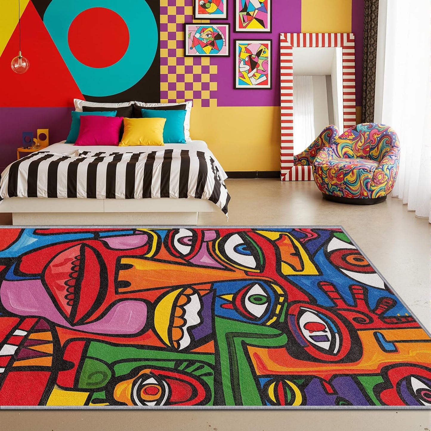 Abstract Rugs for Bedroom - Colorful Area Rugs 7x10, Pop Art Graffiti Multicolor High Traffic Lightweight Extra Large Carpet Home Decor