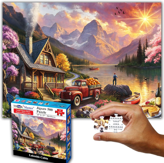 Think2Master Lakeside Mountain Retreat 500 Pieces Large Format Jigsaw Puzzle: Kids 12+, Teens, Adults & Families. Escape to a World of Tranquility and Rustic Charm. Great Gift. Size: 26.8” X 18.9”