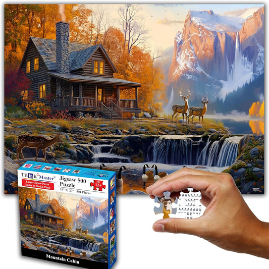 Think2Master Cabin by The Falls 500 Pieces Large Format Jigsaw Puzzle: Kids 12+, Teens, Adults & Families. Scenic Autumn Mountain Landscape with Log Cabin, Waterfall. Great Gift. Size: 26.8” X 18.9”