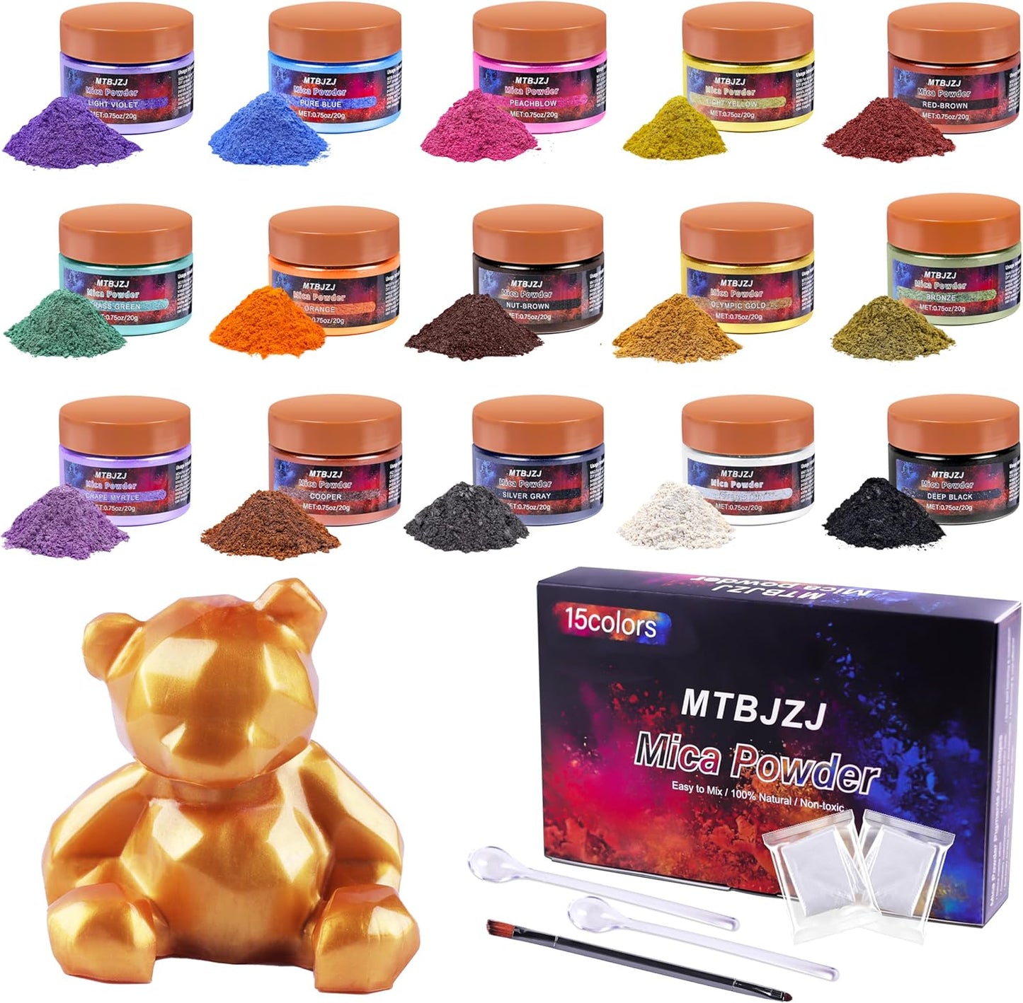MTBJZJ Mica Powder for Resin, 15 Colors - 20g/Bottle of Epoxy Resin Color Pigment,for Candle Dye, Lip Gloss Pigment, Soap Making, Slime Colorant, Paint, Bath Bombs,Nail Polish and Eye Shadow