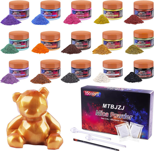 MTBJZJ Mica Powder for Resin, 15 Colors - 20g/Bottle of Epoxy Resin Color Pigment,for Candle Dye, Lip Gloss Pigment, Soap Making, Slime Colorant, Paint, Bath Bombs,Nail Polish and Eye Shadow