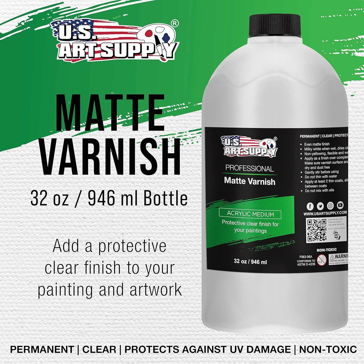 U.S. Art Supply 32 oz Matte Acrylic Varnish for Acrylic Painting, Permanent Clear Protection, Reduces UV & Photography Glare