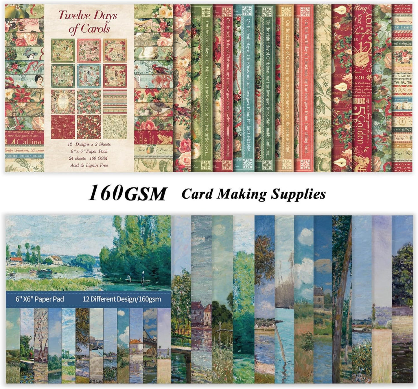 48 Sheets 24 Designs Scrapbook Paper Pad, 6"×6" Single-Sided Decopodge Craft Cardstock Paper,Scrapbooking DIY Decorative Background Cardmaking Supplies.Carols&Paintings