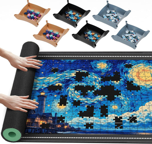 Lwoeo Jigsaw Puzzle Mat Roll Up 2000 Pieces, No Creases 48”x 31”Rubber Saver Pad, Black Large Puzzel Matte Rollup with 6 Sorting Trays & Travel Storage Bag for Sorting Table, Board, Puzzles Mats
