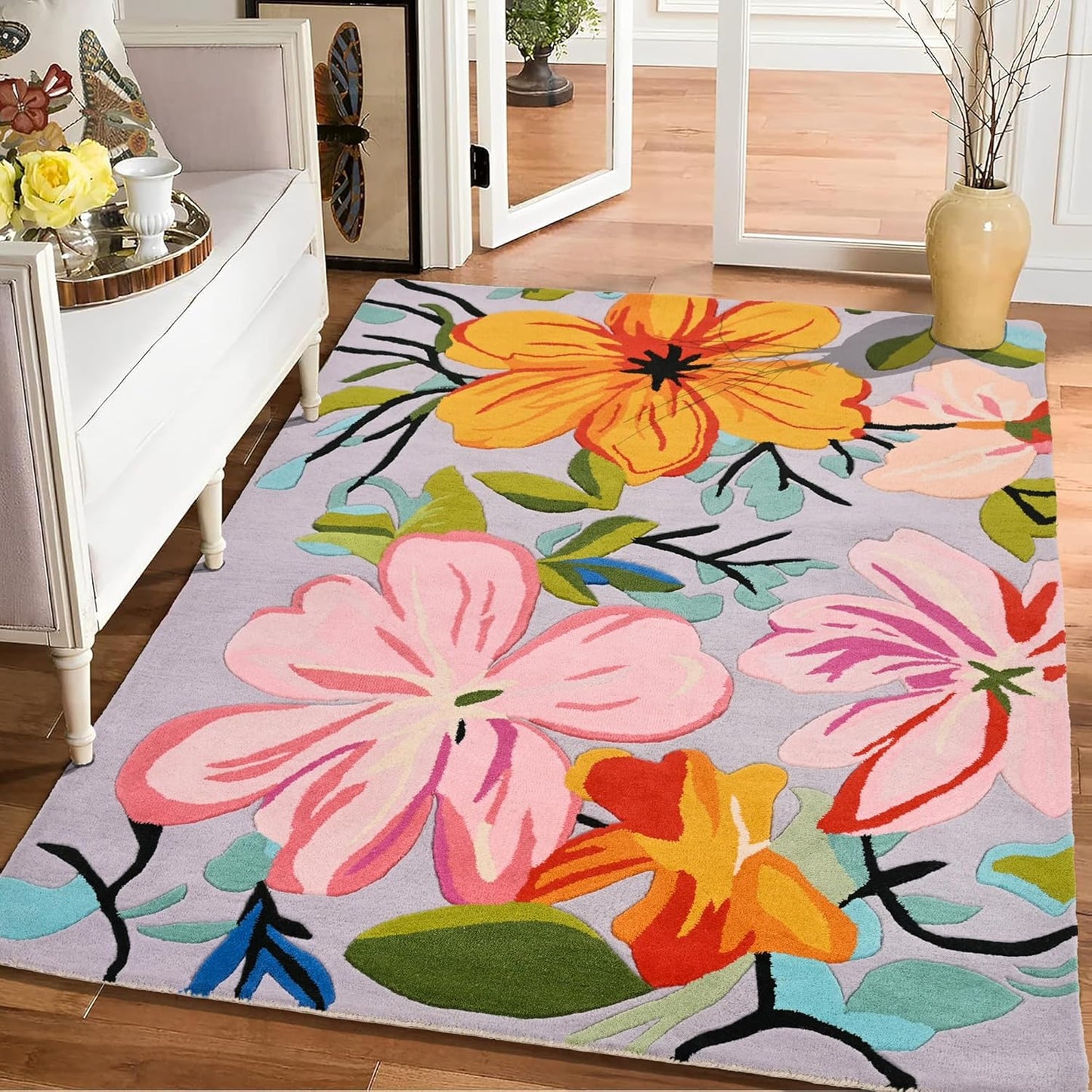 Handmade Wool Floral Area Rug for Living Room | Elegant Flower Garden Design, Soft, Thick and Durable | Bedroom, Dining Room & Home Decor Carpet (2.6' x 12', Floral K)
