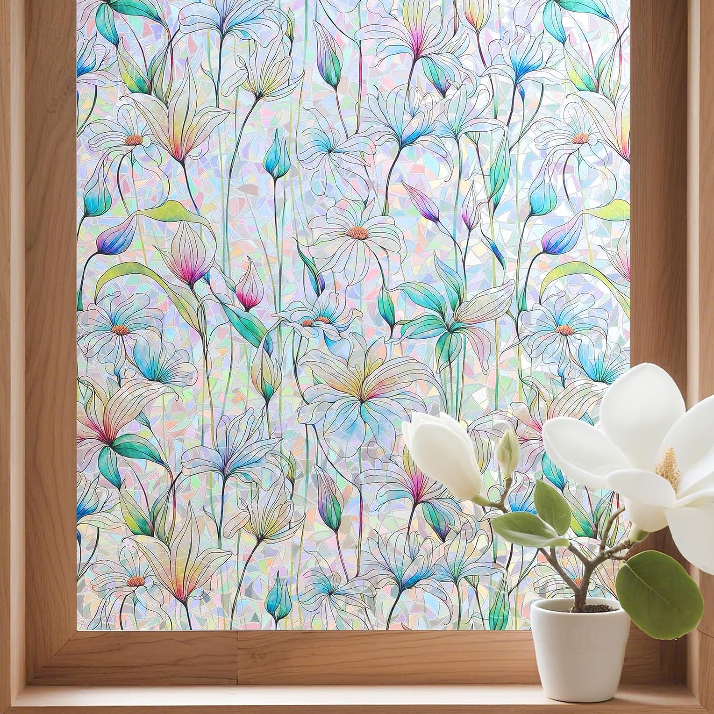 Donox Decorative Window Privacy Film, 3D Floral Stained Glass Window Film Static Cling Rainbow Privacy Sticker for Glass Door Heat Control Anti UV, No Adhesive (Magnolia,23.6 x 157.4 inches)
