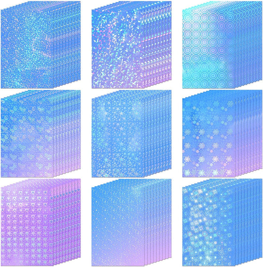 Teling 90 Sheets Holographic Sticker Paper Transparent A4 Vinyl Holographic Sticker Laminate Sheets Clear Overlay Lamination Film Paper Self Adhesive Waterproof with Gem Spot Rainbow Star Pattern