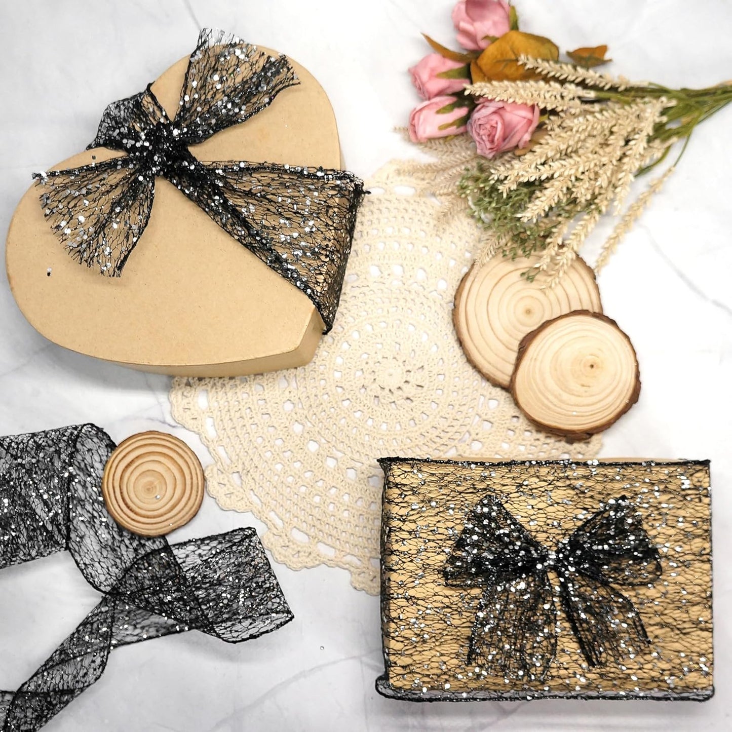 CT CRAFT LLC Sparkling Glitter Mesh Wired Ribbon 6" x 10 Yards Black for Christmas Home Decor Bow Gift Wrapping DIY Crafts Wreath