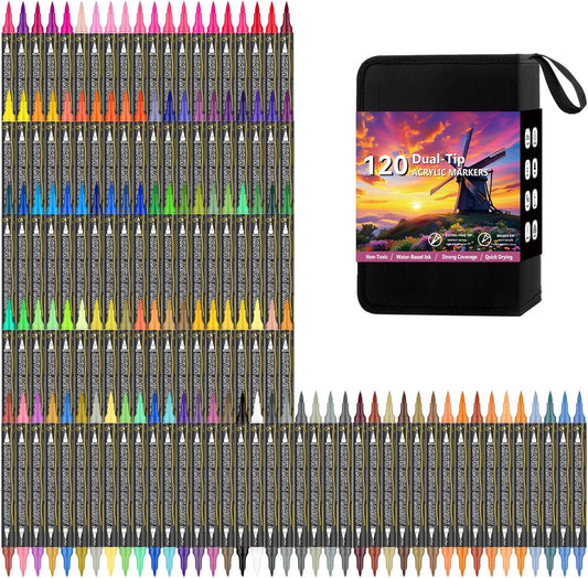 120 Colors Dual Tip Acrylic Paint Markers，Waterproof, Non-Toxic, Odorless Acrylic Markers Pens，Paint Pens & Paint Markers for Rock, Wood, Glass, Stone, Canvas, Ceramic, Fabric and Paper Painting