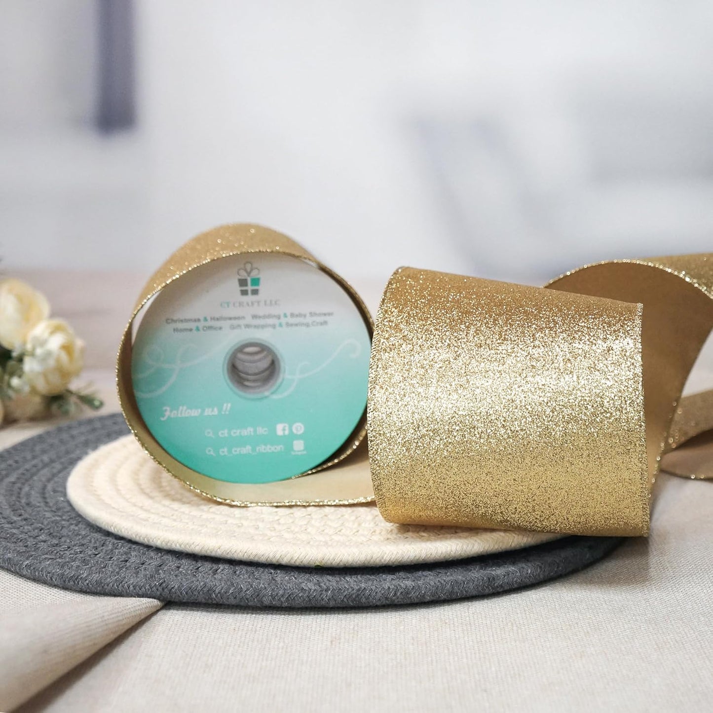 CT CRAFT LLC Glitter Wired Ribbon 4" x 10 Yards Light Gold for Christmas Home Decor Bow Gift Wrapping DIY Crafts Wreath