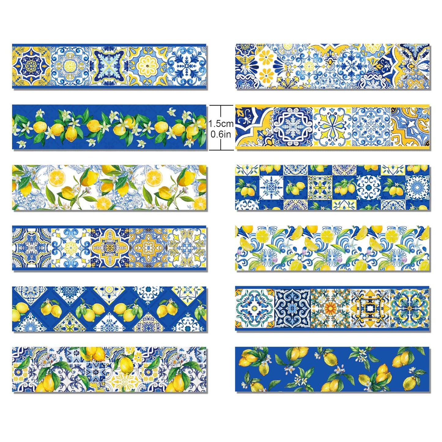 Lemon Washi Tape 12 Rolls, Blue Tiles Yellow Lemon Printed Decorative Washi Tape Set, DIY Art Crafts Wrapping Decor for Gifts Wrapping,Wedding Bridal Shower