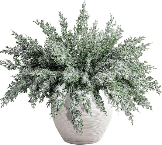 10 Packs 16.5" Artificial Christmas Snow Pine Branches, Snow Flocked Faux Greenery Norfolk Pine Sprigs Cypress Stems, White Frosted Fake Foliage Pine Needle Picks for DIY Craft Garland Home Decor