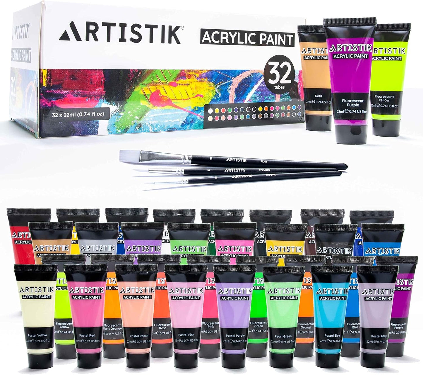 ARTISTIK Acrylic Paint Tube Set of 32-22ml Paint Tubes with 3 Brushes for Adults, Kids and Artists - Non-Toxic Artist Quality Paints for Canvas Painting, Wood Crafts, Ceramic and Art Supplies