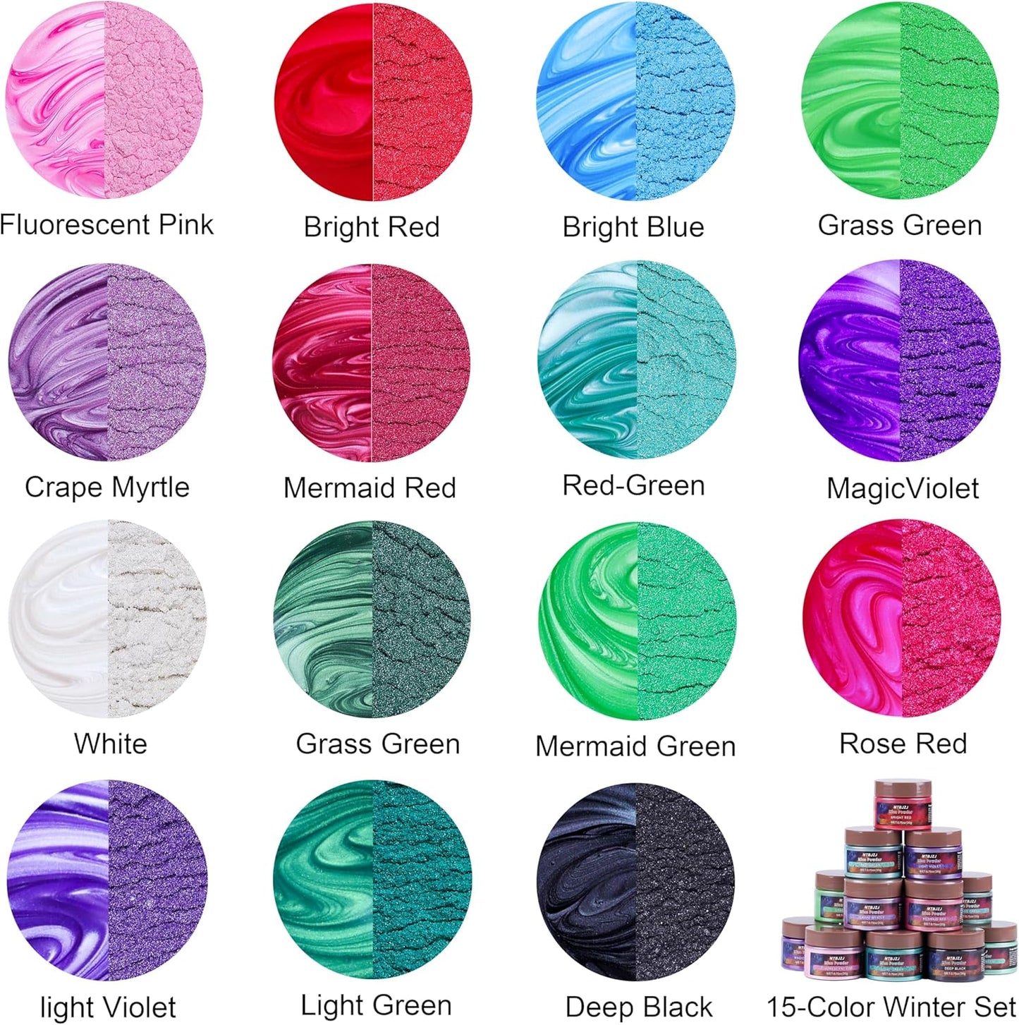 MTBJZJ Mica Powder for Resin, 15 Colors - 20g/Bottle of Epoxy Resin Color Pigment,for Candle Dye, Lip Gloss Pigment, Soap Making, Slime Colorant, Paint, Bath Bombs,Nail Polish and Eye Shadow