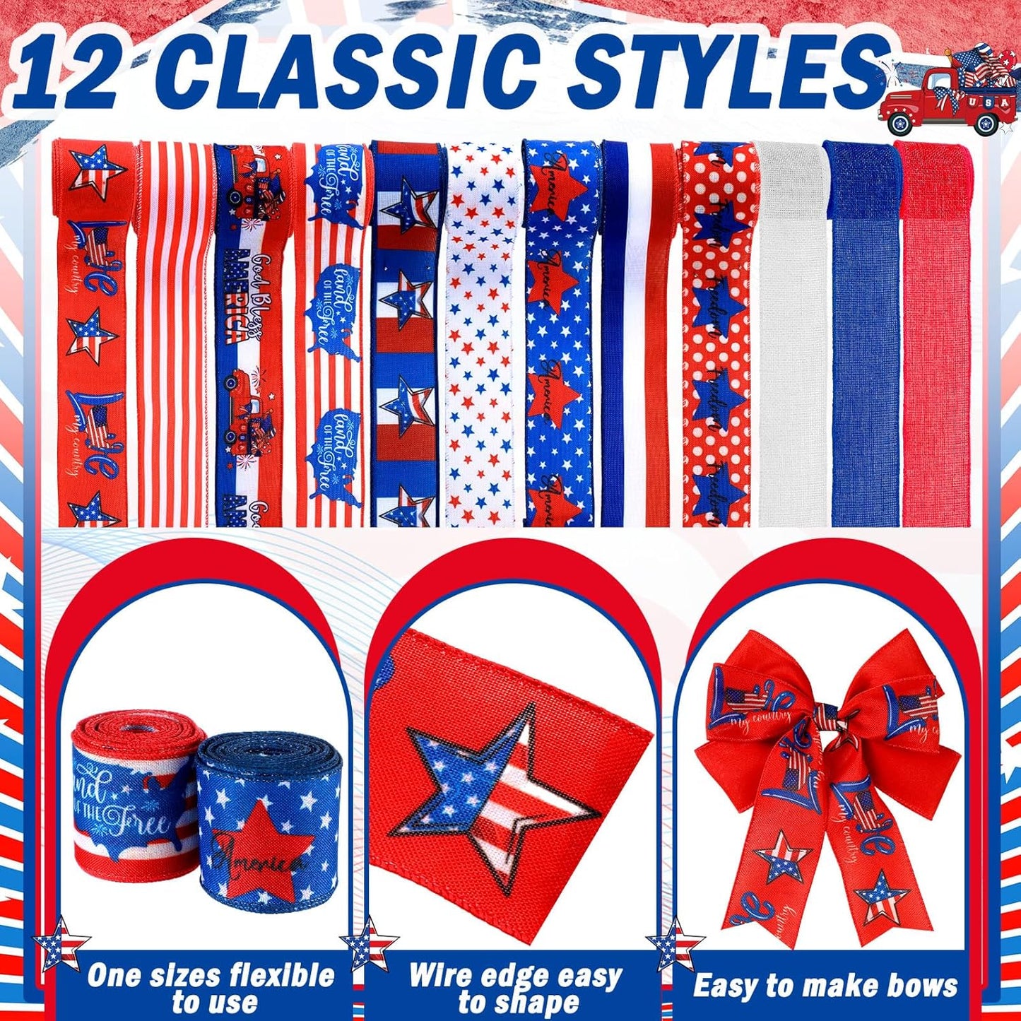 12 Rolls 60 Yards 4th of July Patriotic Ribbon Stars and Stripes Burlap Wired Edge Ribbon White Blue Red Decorative Crafts for Independence Day Memorial Day Gift Wrapping DIY Bow Craft