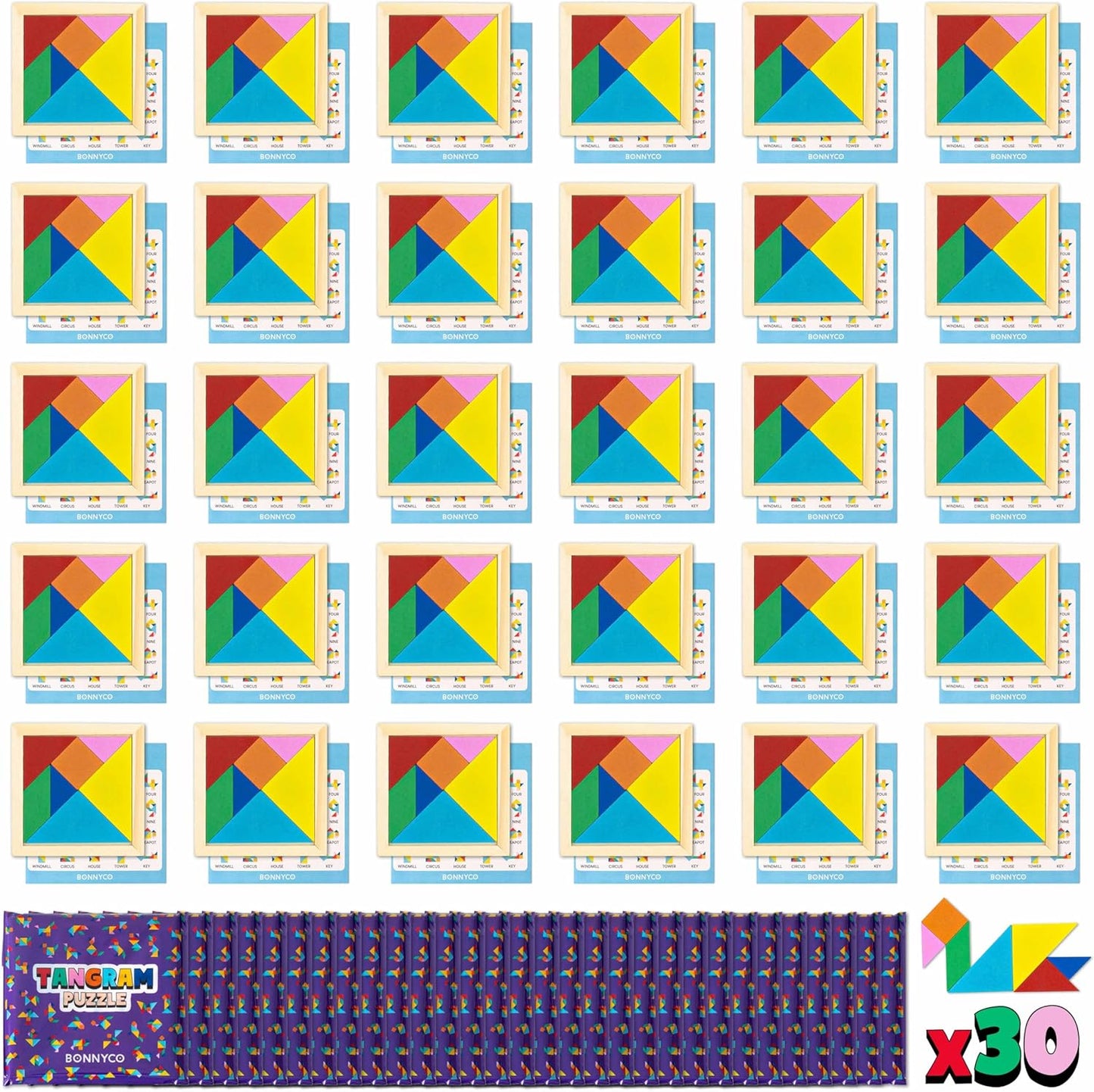 Tangram Puzzle Wooden Pack 30 Kids Party Favors - BONNYCO | Goodie Bags Stuffers for Kids 3-5 4-8, Return Gifts for Birthday Party Goody Bag Stuffers | Pinata Filler Toys Bulk Classroom Prizes Rewards