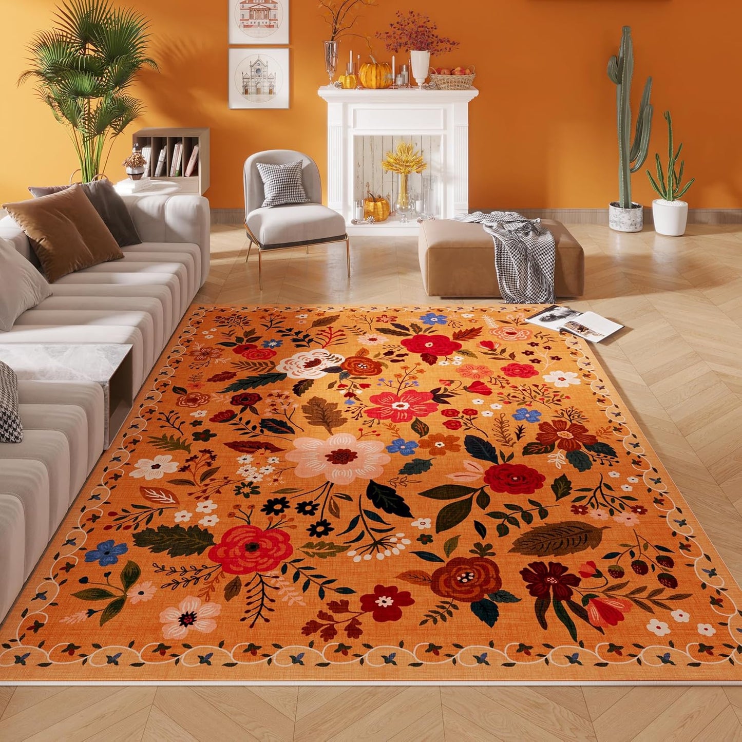 Rugcomf Living Room Rug 5x7 Rug Machine Washable Boho Area Rug Non Slip Floral Vintage Low Pile Large Rugs for Living Room, Bedroom, Farmhouse, Dining Room, Kids Playroom(Yellow)