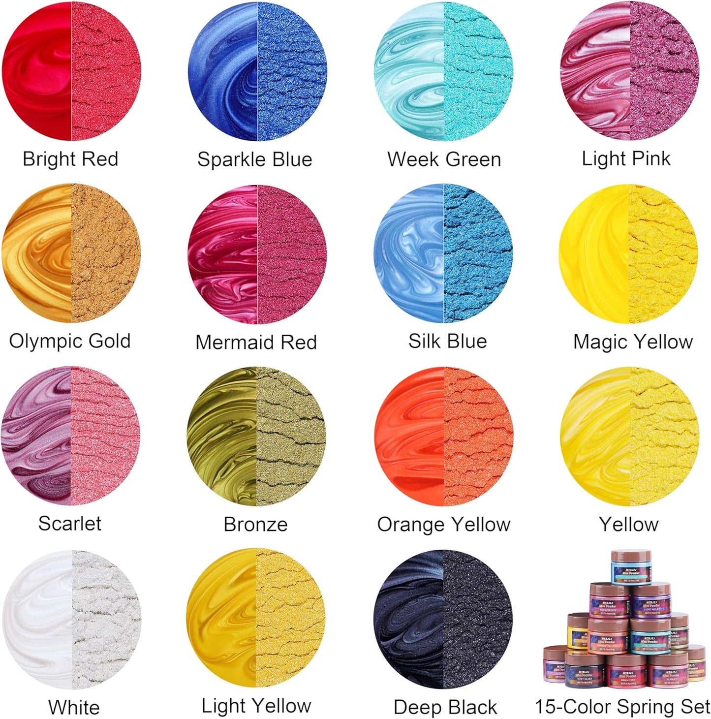 MTBJZJ Mica Powder for Resin, 15 Colors - 20g/Bottle of Epoxy Resin Color Pigment,for Candle Dye, Lip Gloss Pigment, Soap Making, Slime Colorant, Paint, Bath Bombs,Nail Polish and Eye Shadow