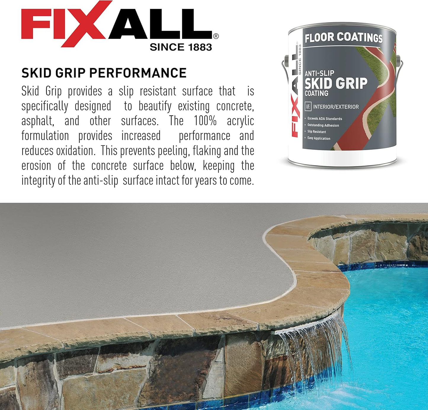 FIXALL Skid Grip Anti-Slip Coating, 1 Gallon, Smoke, Exceeds ADA Standards, Ideal for Safety Areas, Slip-Resistant Pavement, Cement & Concrete Paint